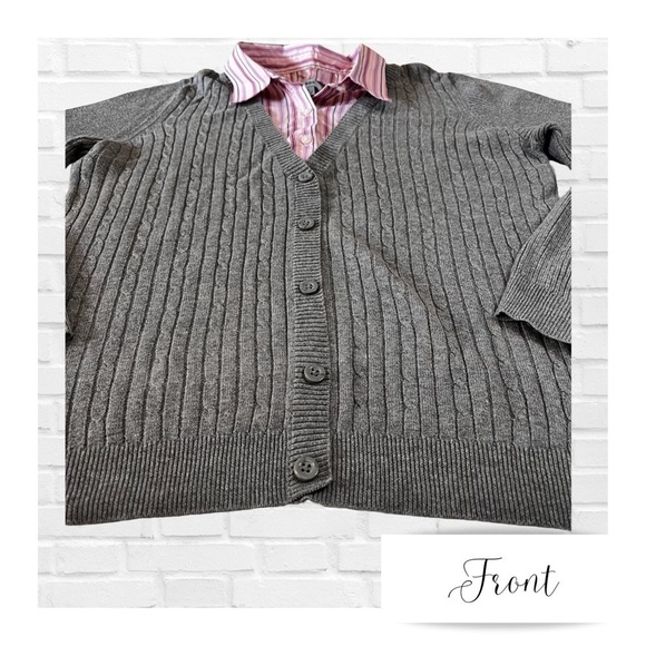 IZOD Cable Knit Faux Cardigan Front and Blouse Gray and Pink Women’s Size - Picture 2 of 8